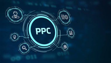 Tıklama başına ödeme teknolojisi dijital pazarlama internet sanal ekran konsepti. PPC