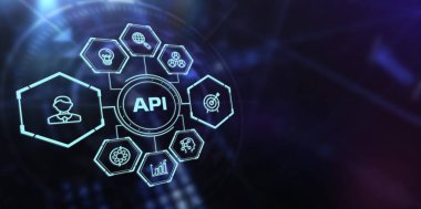 API - Uygulama Programı Arayüzü. Yazılım geliştirme aracı. İş, modern teknoloji, İnternet ve ağ kurma kavramı.