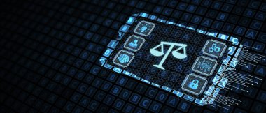 İş, Teknoloji, İnternet ve ağ konsepti. Çalışma hukuku, avukat, hukuk avukatı, sanal ekranda hukuki danışmanlık kavramı.