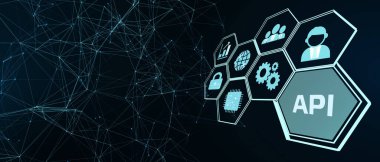 API - Uygulama Programı Arayüzü. Yazılım geliştirme aracı. İş, modern teknoloji, İnternet ve ağ kurma kavramı