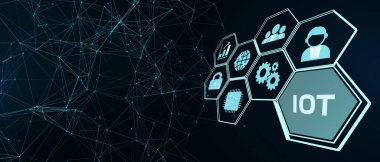 Nesnelerin interneti - IOT konsepti. İş adamı IOT ürünleri ve çözümler sunuyor. 