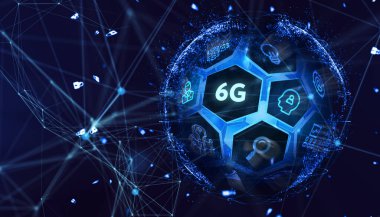 6G ağı konsepti, yüksek hızlı mobil internet, yeni nesil ağlar. İş, modern teknoloji, İnternet ve ağ kurma kavramı