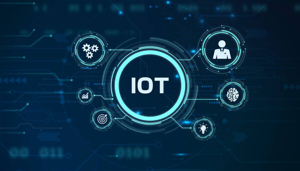 Интернет вещей - понятие IOT. Бизнесмен предлагает продукты и решения IOT. Молодой бизнесмен выбирает абстрактный чип с текстовым IoT на виртуальном дисплее. 