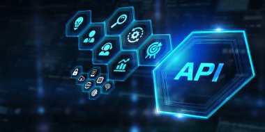 API - Uygulama Programı Arayüzü. Yazılım geliştirme aracı. İş, modern teknoloji, İnternet ve ağ kurma kavramı