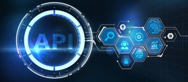 API - Uygulama Programı Arayüzü. Yazılım geliştirme aracı. İş, modern teknoloji, İnternet ve ağ kurma kavramı                               