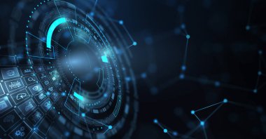 İş, teknoloji, internet ve sanal gerçeklik kavramı - sanal ekrandaki düğme. 3B illüstrasyon.