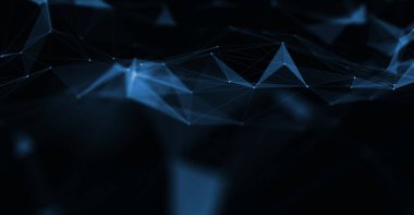 Soyut fütüristik, koyu mavi arka planda çokgen şekilli teknoloji. Dijital teknoloji konsepti tasarla. 3d illüstrasyon