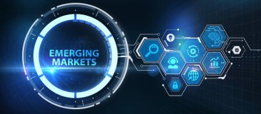 İş, Teknoloji, İnternet ve ağ konsepti. Geleceğin sanal ekranı ve yazıyı görüyor: gelişmekte olan pazarlar                               