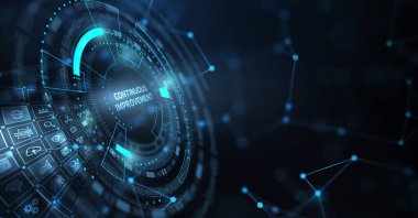 İş, teknoloji, internet ve şebeke kavramı. Geleceğin sanal ekranı ve yazıyı görüyor: Sürekli gelişme