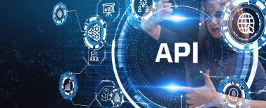 API - Uygulama Programı Arayüzü. Yazılım geliştirme aracı. İş, modern teknoloji, İnternet ve ağ kurma kavramı