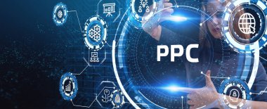 Tıklama başına ödeme teknolojisi dijital pazarlama internet sanal ekran konsepti. PPC