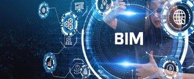 İş, teknoloji, internet ve şebeke kavramı. Geleceğin sanal ekranı üzerinde çalışan genç bir girişimci yazıyı görür: BIM