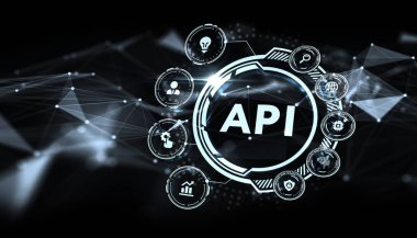 API - Uygulama Programı Arayüzü. Yazılım geliştirme aracı. İş, modern teknoloji, İnternet ve ağ kurma kavramı