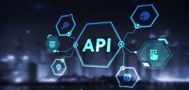 API - Uygulama Programı Arayüzü. Yazılım geliştirme aracı. İş, modern teknoloji, İnternet ve ağ kurma kavramı