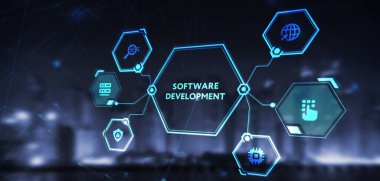 Sanal ekranda Yazıt Geliştirme. İş, modern teknoloji, İnternet ve ağ kurma kavramı