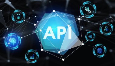 API - Uygulama Programı Arayüzü. Yazılım geliştirme aracı. İş, modern teknoloji, İnternet ve ağ kurma kavramı