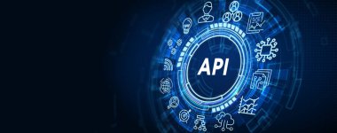 API - Uygulama Programı Arayüzü. Yazılım geliştirme aracı. İş, modern teknoloji, İnternet ve ağ kurma kavramı