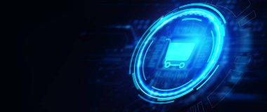 İş, Teknoloji, İnternet ve ağ konsepti. İnternet üzerinden alışveriş sitesine online e-ticaret konseptini de ekle. 3B illüstrasyon