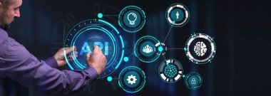 API - Uygulama Programı Arayüzü. Yazılım geliştirme aracı. İş, modern teknoloji, İnternet ve ağ kurma kavramı.