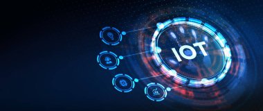 Nesnelerin interneti - IOT konsepti. İşadamı IOT ürünleri ve çözümler sunuyor. 3d illüstrasyon