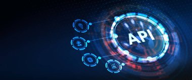 API - Uygulama Programı Arayüzü. Yazılım geliştirme aracı. İş, modern teknoloji, internet ve ağ kurma kavramı. 3B illüstrasyon