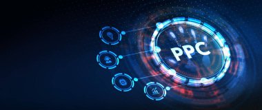 Tıklama başına ödeme teknolojisi dijital pazarlama internet sanal ekran konsepti. PPC. 3B illüstrasyon