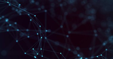 Soyut fütüristik, koyu mavi arka planda çokgen şekilli teknoloji. Dijital teknoloji konsepti tasarla. 3d illüstrasyon