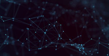 Soyut fütüristik, koyu mavi arka planda çokgen şekilli teknoloji. Dijital teknoloji konsepti tasarla. 3d illüstrasyon