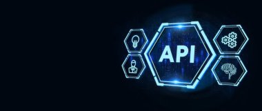 API - Uygulama Programı Arayüzü. Yazılım geliştirme aracı. İş, modern teknoloji, internet ve ağ kurma kavramı. 3B illüstrasyon