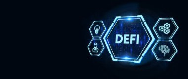 DeFi -Decentralized Finance on dark blue abstract polygonal background. Concept of blockchain, decentralized financial system.3d illustration clipart
