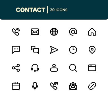 İletişim simgeleri seti. İletişim, İletişim, Destek, Yardım Simgeleri. Temas için 20 Simge.
