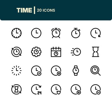Zaman simgeleri dizisi. Zaman simgeleri. Saat, Kum Saati, Takvim, Saat simgeleri. 20 Simge Saati.