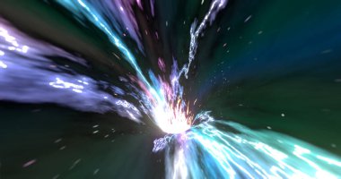 3 boyutlu görüntüleme. Zaman ve uzayda solucan deliği. Işık hızında hareket ediyor. Renkli yıldızlar arasında hiper uzayda soyut bir sıçrama. Nebula ya da gaz kümelerinde uçarken.