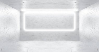 3D görüntüleme. Neon dikdörtgen ya da kare, parlak bir odada Bay Morg 'dan beyaz. Duvarlarda parlak gölgeler.