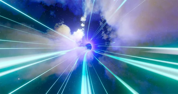 3Dレンダリング 時間と空間の中のワームホール 光の速さでの動き 抽象的な色鮮やかな星の間の超空間に飛び込む 星雲やガス団を飛んでいる — ストック写真