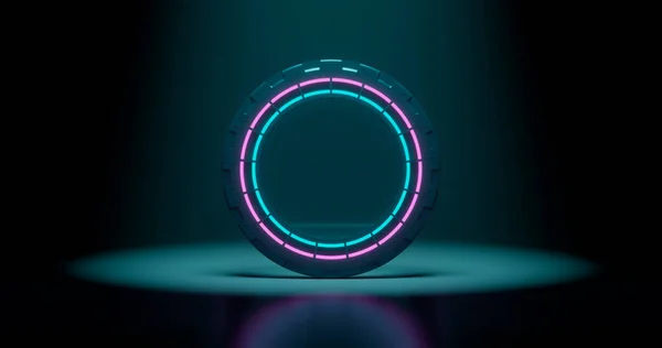 3d rendering, abstract background, round portal, pink blue neon lights, virtual reality, circles, energy source, glowing rings, empty space, frame, ultraviolet spectrum