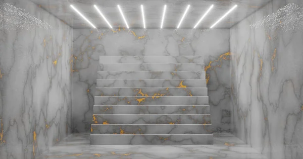 3D rendering. Abstract room interior with staircase and white neon lights. Futuristic architecture background. A box with a concrete wall. Mockup for your design project.