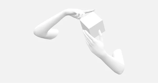 手は白い壁に対して幾何学的な図形 キューブを保持します コミュニケーション ヘルプ チームワーク 抽象ベクトル図 — ストックベクタ