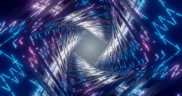 Weergave Vliegen Door Een Eindeloze Lichttunnel Ontwerp Met Neon Lichtgevende — Stockfoto