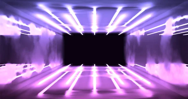 Vektorillustration Geometrisk Figur Neonljus Mot Mörk Tunnel Laserlinjeljus Neonbakgrund — Stock vektor