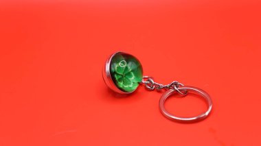 Beyaz arka planda yeşil yapraklı kırmızı bir yüzük.