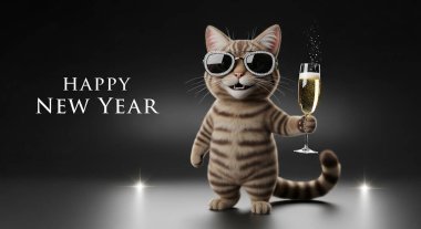 Şampanya kadehli komik kedi.