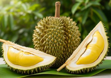 Ahşap arka planda yaprakları olan durian meyvesi