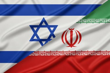 Arka planda iki İsrail ve İran bayrağı var. yüksek kaliteli illüstrasyon 3d illüstrasyon