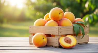 Açık havada taze olgun kayısılarla dolu bir kutu.