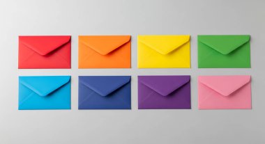 Beyaz masada renkli zarflar var.