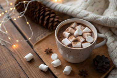 Sıcak Kış Sıcak Çikolatası Marshmallowlu, Sıcak Kazaklı ve Neşeli Işıklı