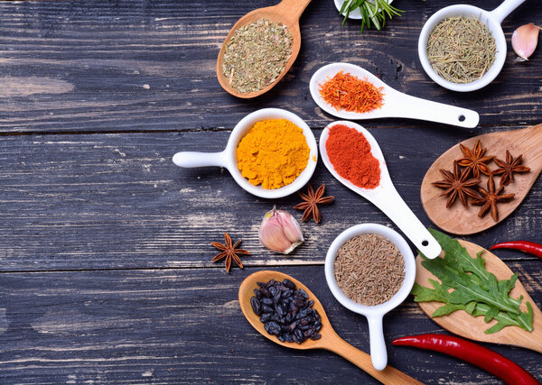 Powder spices & herbs on spoons