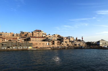 İsrail, Jaffa -7 Mart 2016: Denizden Eski Jaffa Panoraması.