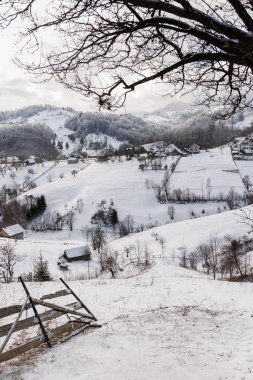Romanya 'nın Karpat Dağları' ndaki geleneksel köy taze karla kaplı. Kışın ahşap evler, yuvarlanan tepeler, ormanlık yamaçlar ve düşen karlar, durgun mevsimlik atmosfer..